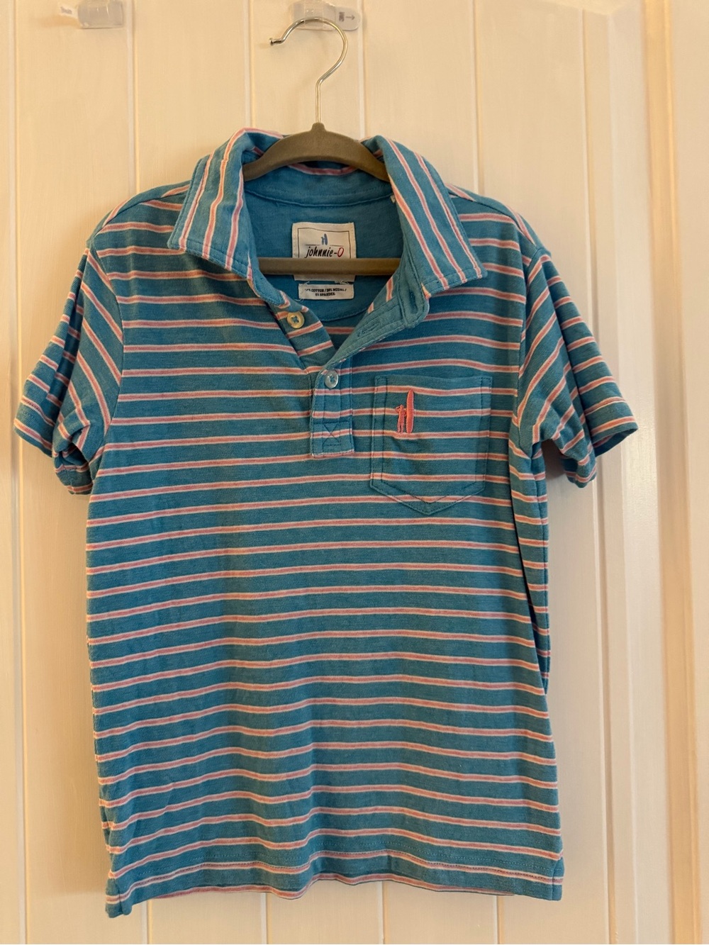 johnnie-O Teal and Pink Striped Polo